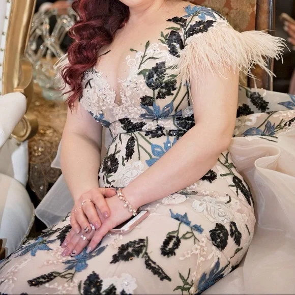 Event Gown, Long Dress, Prom, Unique, Floral, Feather Sleeve, Detachable Skirt | Color: Cream/Tan | Size: M | Aniya_E1's Closet